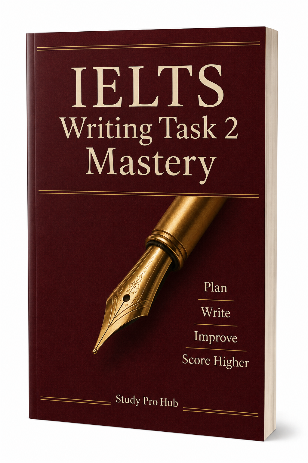 IELTS Writing Task 2 Mastery: a burgundy cover with a gold fountain pen.